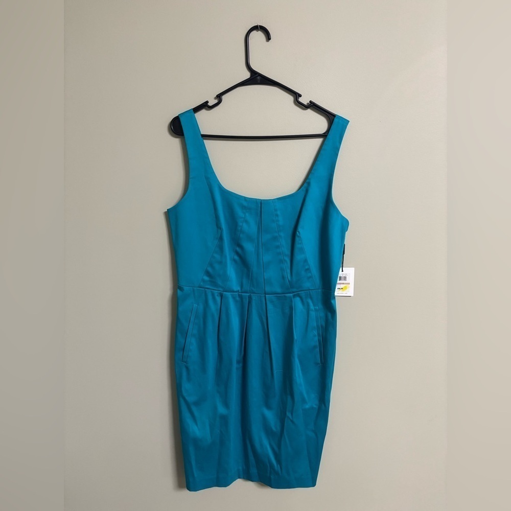 Calvin Klein Cocktail Midi Sleeveless Shift Dress Teal Blue Size 12 Faux Pockets